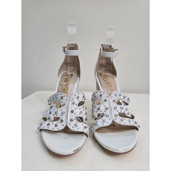 Sam Edelman "Yasha" White Leather Silver Studs Strappy Heeled Sandals Size 7.5 - Picture 8 of 11
